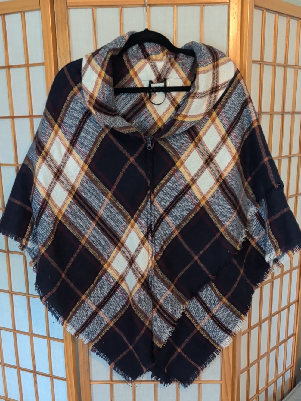 Francesca's Collections Plaid Fringe Poncho Jacket in Navy, Cream, and Mustard